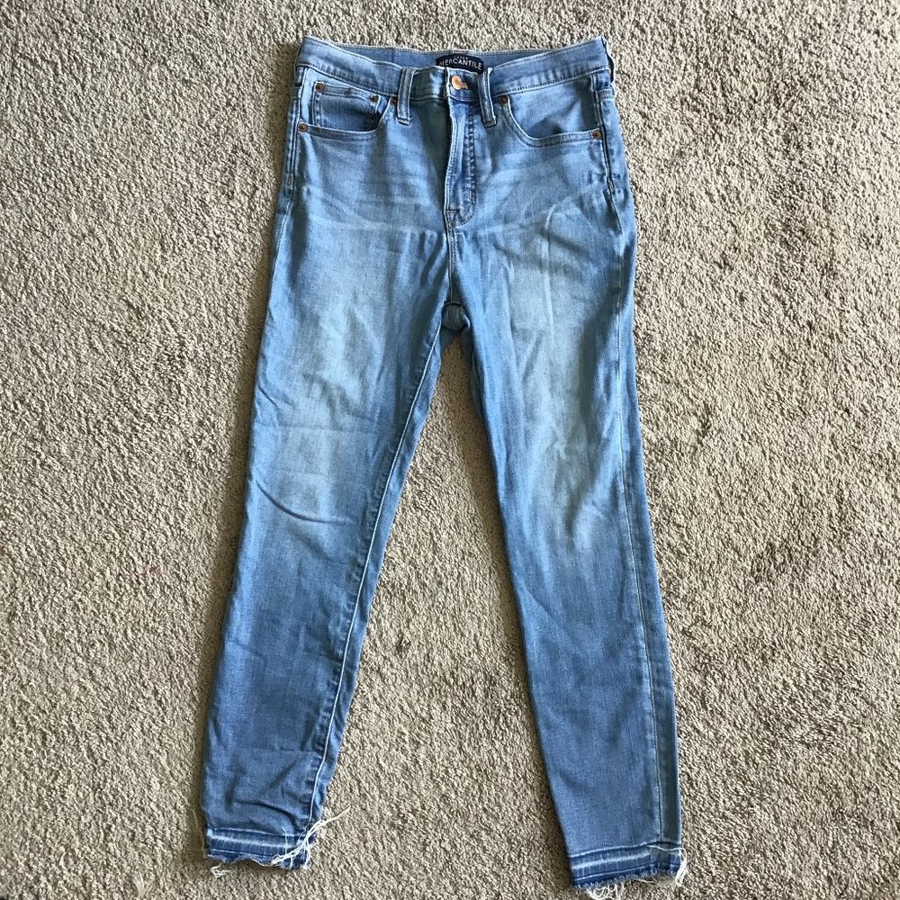 J. Crew Factory light wash high waisted skinny jeans with frayed hems